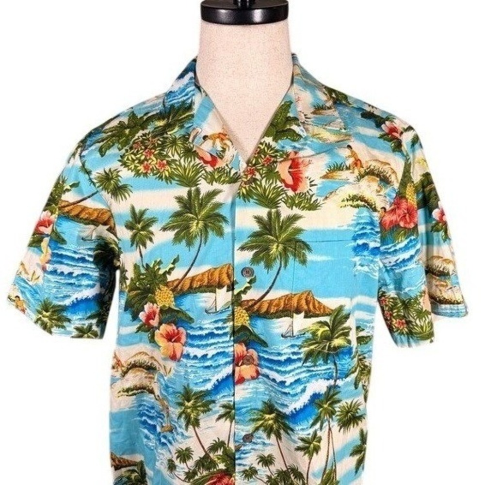 RJC Mens Hawaiian Shirt L Blue Diamond Head Surfer Cotton Made in Hawaii NWT